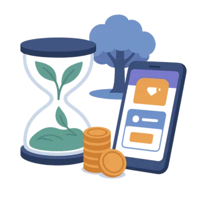 An hourglass with leaves, stacked coins, and a mobile app interface. Symbolizes how Solenzo saves time and boosts revenue through automation and smart scheduling.