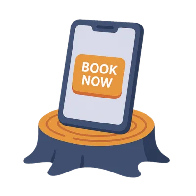 Smartphone with a bold “Book Now” button resting on a tree stump. Illustrates Solenzo’s instant booking system for tree care and outdoor service businesses.