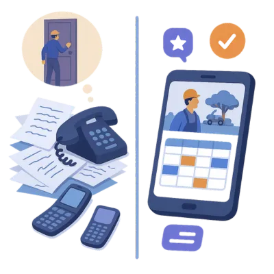 Left side shows stacks of paperwork and outdated phones; right side displays a modern mobile interface with calendar scheduling. Solenzo replaces chaos with clarity using digital booking tools.