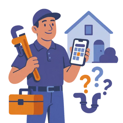 Smiling plumber holding a wrench and a smartphone displaying a scheduling calendar outside a home. Solenzo empowers plumbers to manage bookings and service calls efficiently.