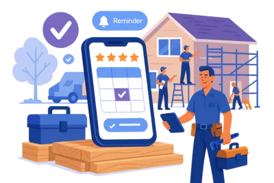 Happy contractor at an active jobsite with a Solenzo mobile app displaying a full calendar and 5-star reviews. Showcases the confidence and control Solenzo gives to home service professionals.