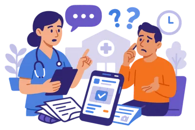 Nurse explaining appointment details to a confused patient, surrounded by paperwork and a mobile interface. Solenzo helps healthcare providers simplify patient communication and reduce confusion through automated reminders.