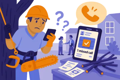 An arborist holding a phone with a confused expression, a missed call alert showing on a nearby screen. Represents missed business opportunities and how Solenzo helps tree service pros stay connected and book more jobs automatically.