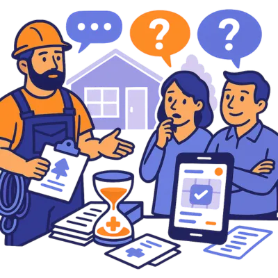 A contractor trying to explain job details to confused clients, surrounded by paperwork and a mobile CRM on a stump. Solenzo streamlines client communication and quoting for home service professionals.