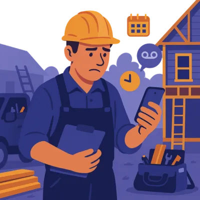 Construction worker checking a phone with a worried expression, with icons for voicemail and calendar above. Solenzo helps prevent missed messages and appointments by automating follow-ups for contractors.