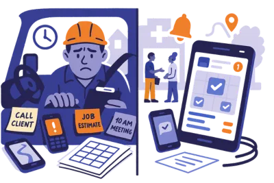Side-by-side image: left shows an overwhelmed contractor in a vehicle with sticky notes and devices; right shows a streamlined Solenzo mobile interface managing scheduling and client info. Highlights the contrast between old systems and Solenzo’s smart automation.
