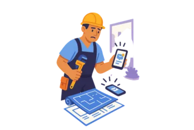 Frustrated contractor surrounded by blueprints and phones, struggling to keep up with messages. Solenzo replaces chaos with one central system for task management and client communication.