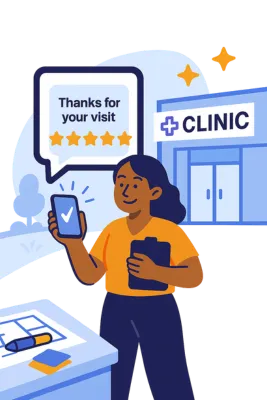 Happy patient leaving a clinic while holding a phone displaying a five-star rating and a “Thanks for your visit” message. Solenzo helps practices boost online reviews automatically after each appointment.