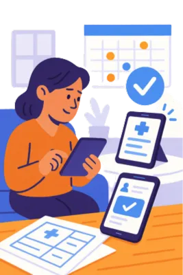 Woman using a tablet at home to complete digital medical forms. Solenzo enables patients to book appointments and fill out intake paperwork online before arriving at the clinic.