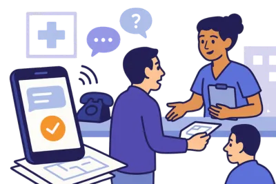 A patient speaking with a medical receptionist while a phone rings in the background. Solenzo automates appointment confirmations, allowing staff to focus on in-person service rather than phone tag.