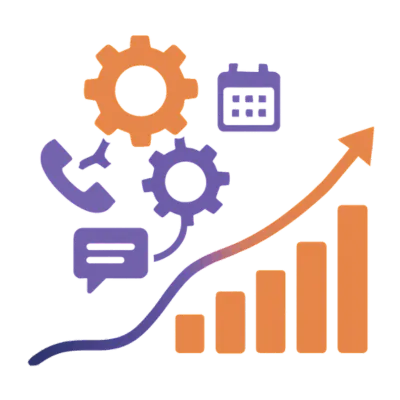 Solenzo visual representing automation and scalable growth with gears, calendar, chat, and call icons flowing into an upward bar chart—ideal for any industry, including healthcare.