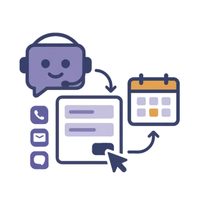 Illustration of Solenzo’s AI chatbot assisting with lead capture, form submission, and calendar scheduling. Visualizes how Solenzo simplifies client interactions through automation.