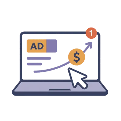 Solenzo’s digital advertising dashboard shown on a laptop with a rising dollar icon. Highlights Solenzo’s role in running high-conversion paid ad campaigns and improving ROI.