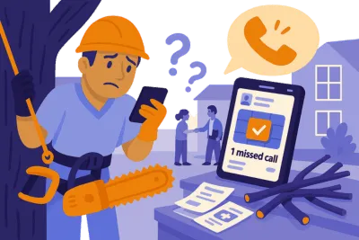 An arborist holding a phone with a confused expression, a missed call alert showing on a nearby screen. Represents missed business opportunities and how Solenzo helps tree service pros stay connected and book more jobs automatically. Needing Solenzo 