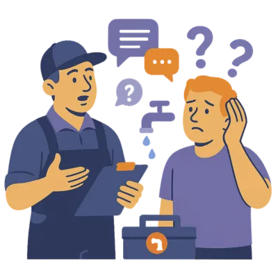 Plumber trying to explain service options to a confused homeowner with floating chat and question icons. Solenzo helps eliminate confusion with automated communication and simplified job tracking.