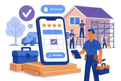 Happy contractor at an active jobsite with a Solenzo mobile app displaying a full calendar and 5-star reviews. Showcases the confidence and control Solenzo gives to home service professionals.
