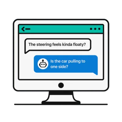 Computer screen showing AI-assisted customer chat: “The steering feels kinda floaty?” with a diagnostic reply. Solenzo uses smart intake automation to qualify leads and assist clients faster.