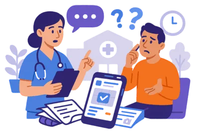 Nurse explaining appointment details to a confused patient, surrounded by paperwork and a mobile interface. Solenzo helps healthcare providers simplify patient communication and reduce confusion through automated reminders.