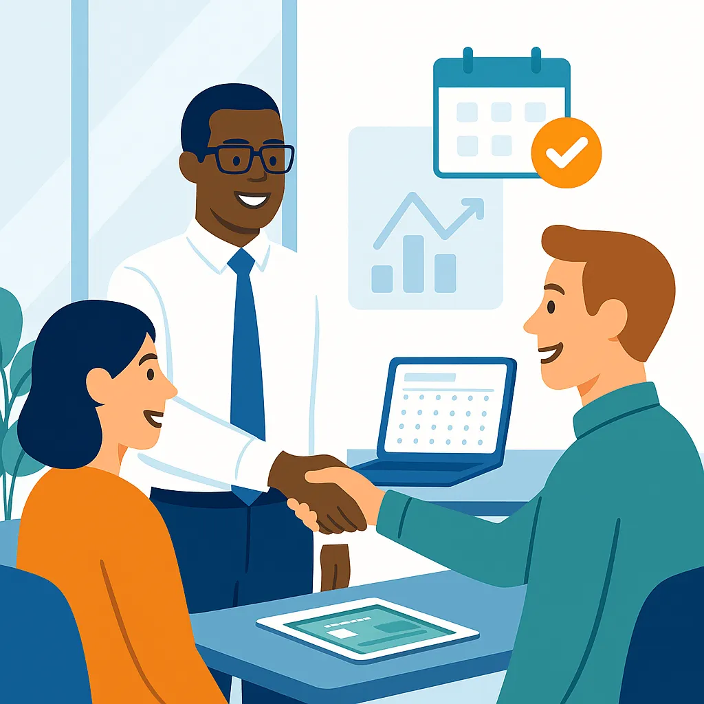 Solenzo automation streamlines scheduling and intake for financial service firms, allowing clients to book online and complete questionnaires in advance, reducing admin workload.