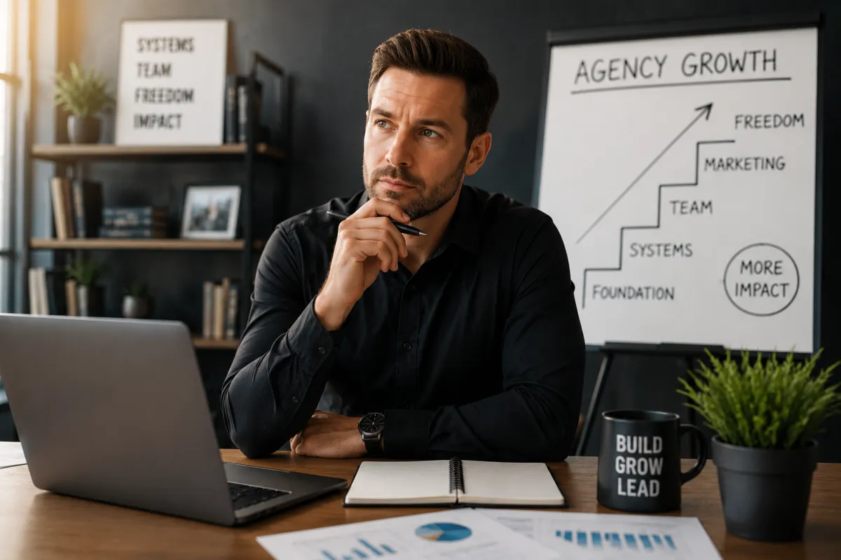 Medicare agency owner planning business growth and scaling strategies in a modern office workspace.