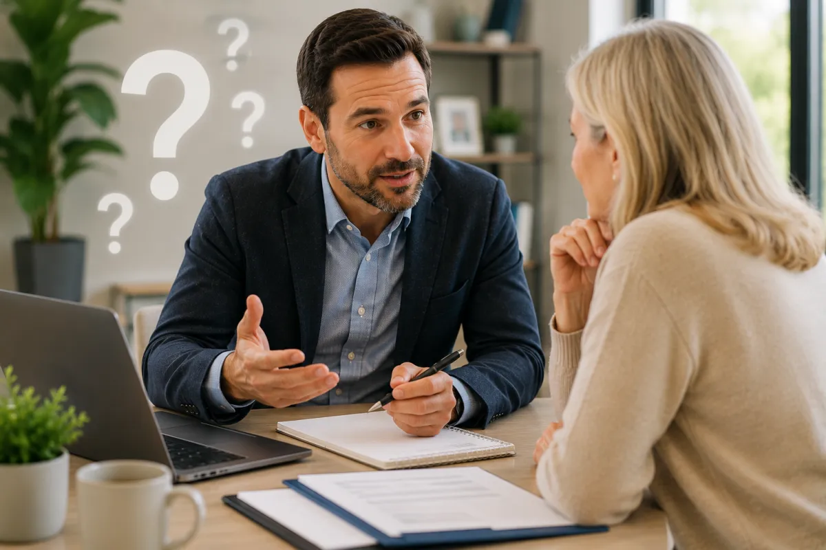 Medicare agent asking questions during a one-on-one consultation with a prospective client turning 65.