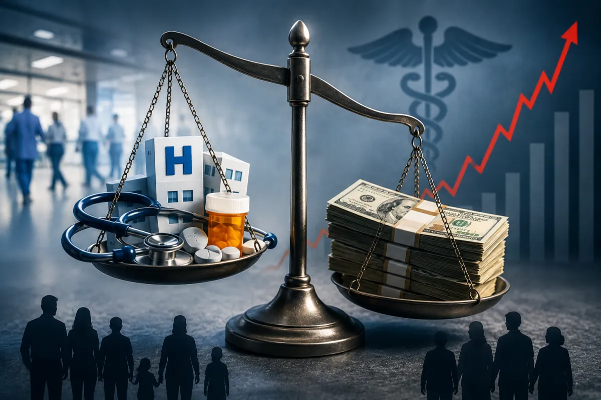 Balance scale weighing hospital care, prescription drugs, and medical equipment against stacks of money, symbolizing the rising cost of American healthcare.