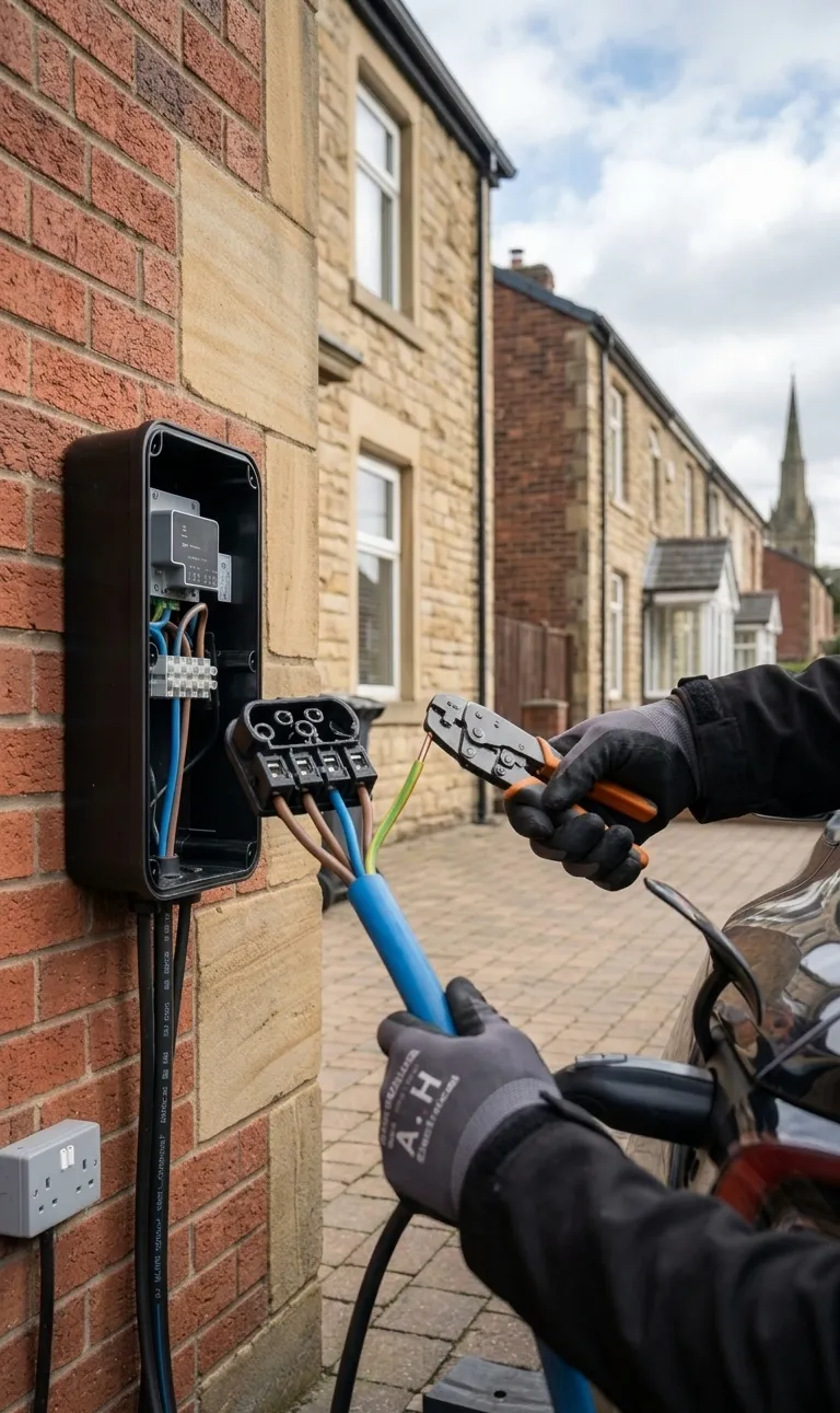 Image of an electrician wiring a modern EV charging unit on a red brick wall in Blackburn