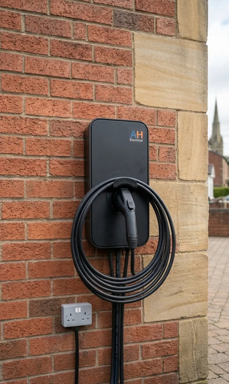 Finished professional home EV charger installation with neatly coiled cable on a Blackburn red brick house
