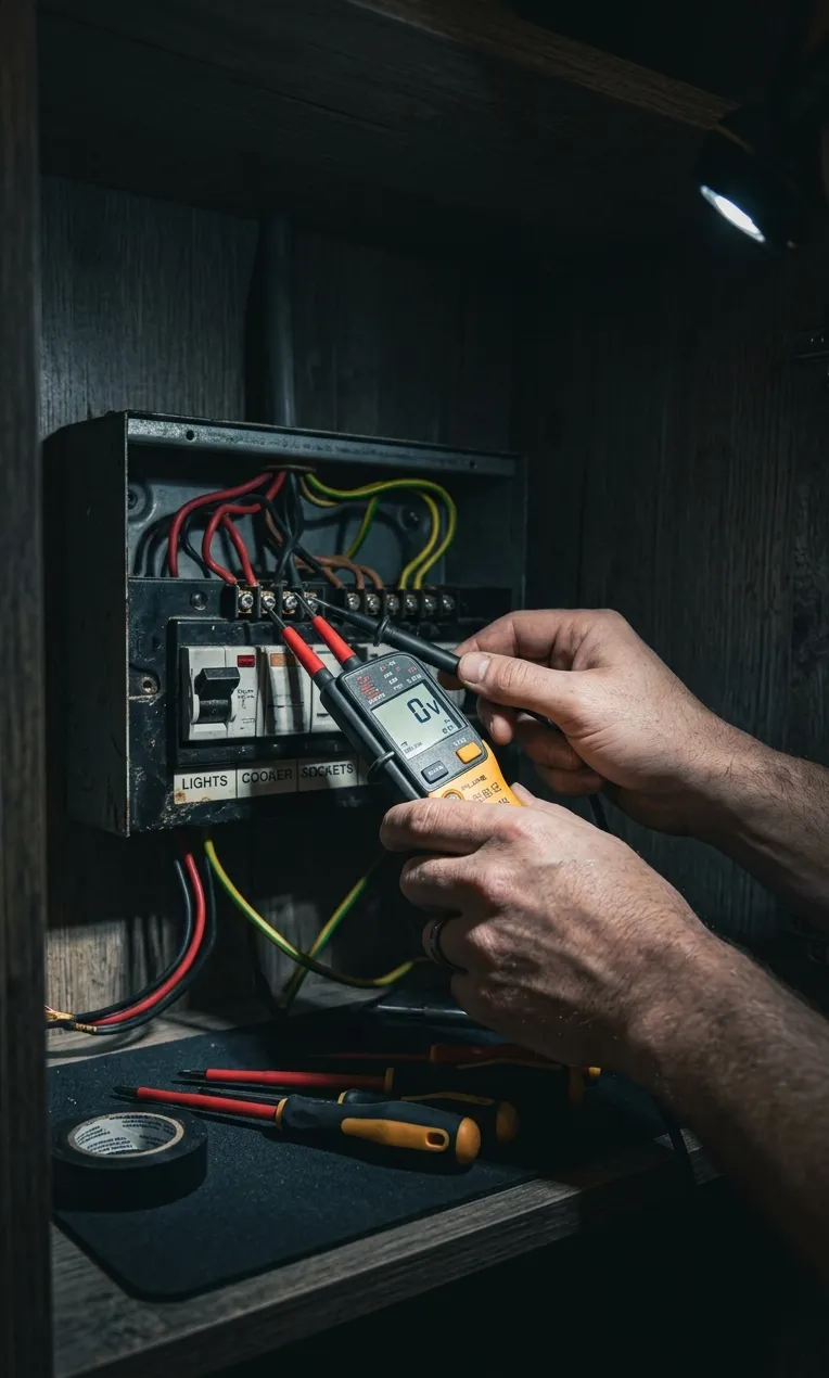 Image of an electrician testing a consumer unit with a multimeter during a night-time emergency call-out in Blackburn
