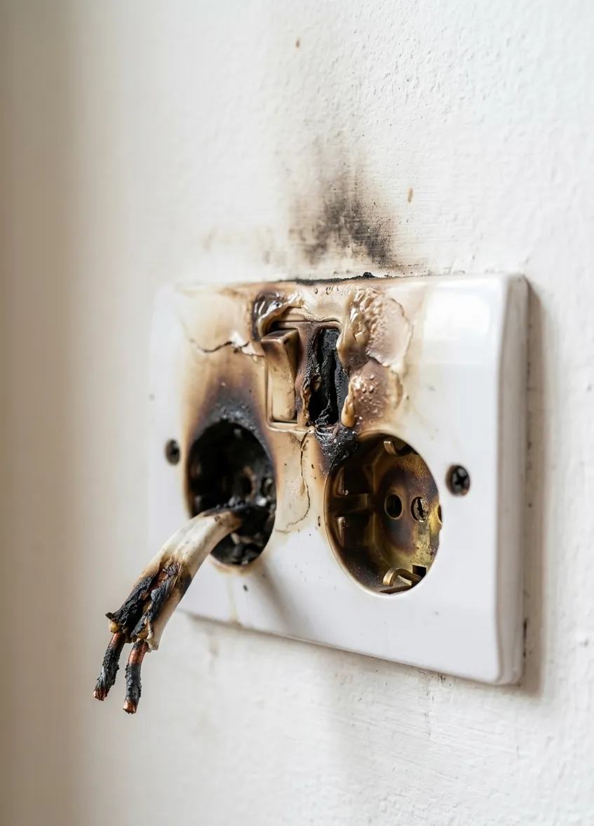 Dangerous melted domestic electrical socket requiring emergency repair in Blackburn