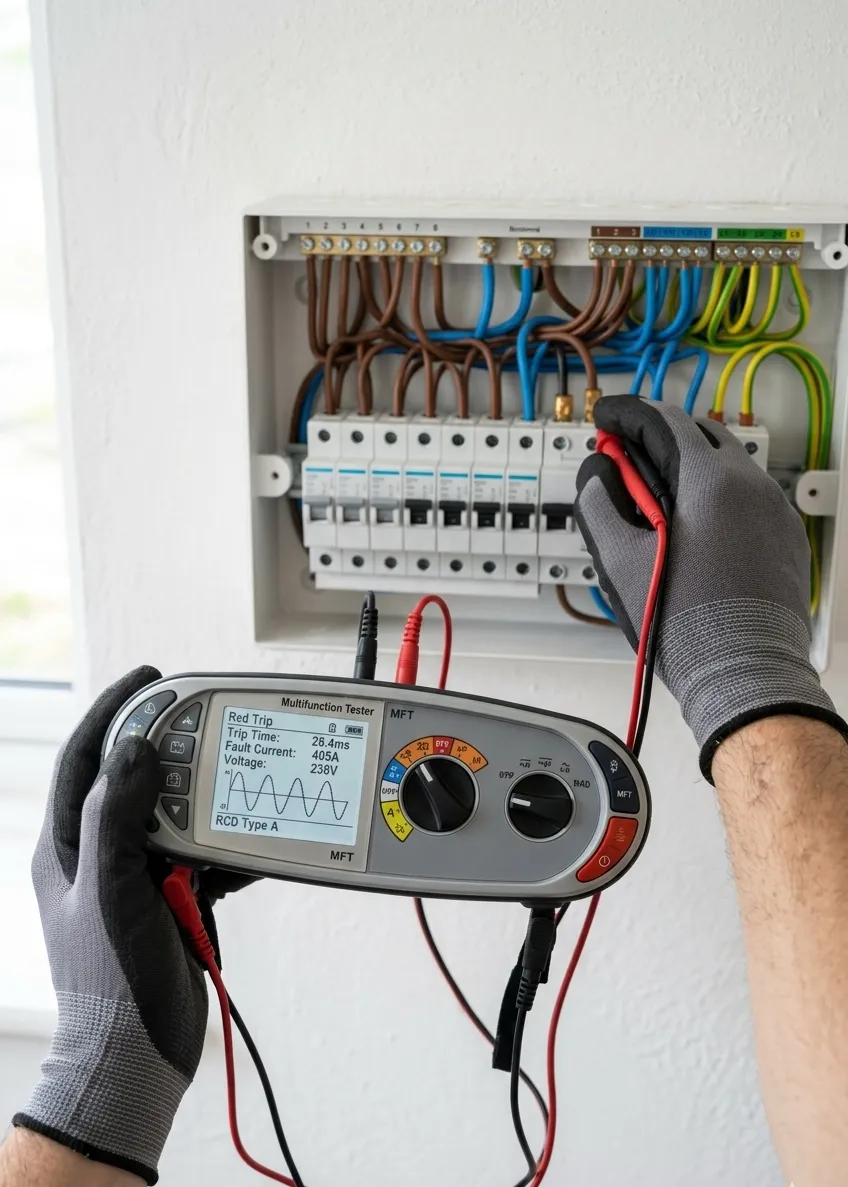 POV shot of an electrician's hands using a multifunction tester to find an electrical fault in a Blackburn home