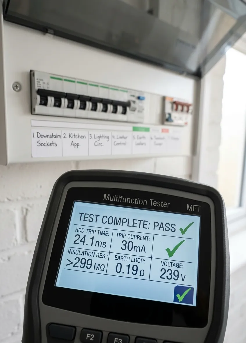 Digital Multifunction Tester showing a PASS result after successful electrical fault finding in Blackburn