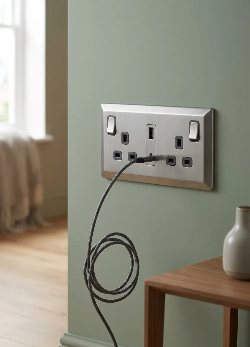 Premium matte black double socket with integrated USB-C ports installed on a minimalist residential wall in Blackburn