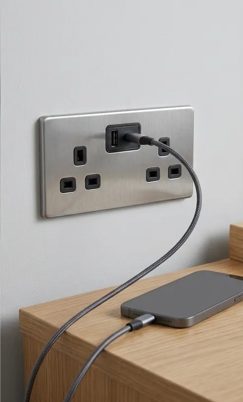 Modern brushed steel double socket with integrated USB-A and USB-C ports installed on a clean light grey wall in a Blackburn home, charging a smartphone via a braided cable.