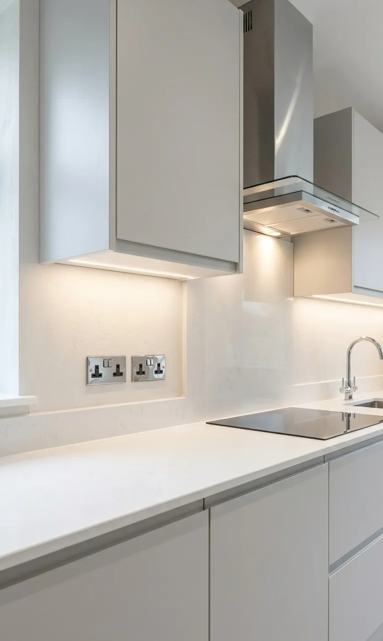 Modern kitchen featuring professional LED task lighting and compliant power socket installation in Blackburn