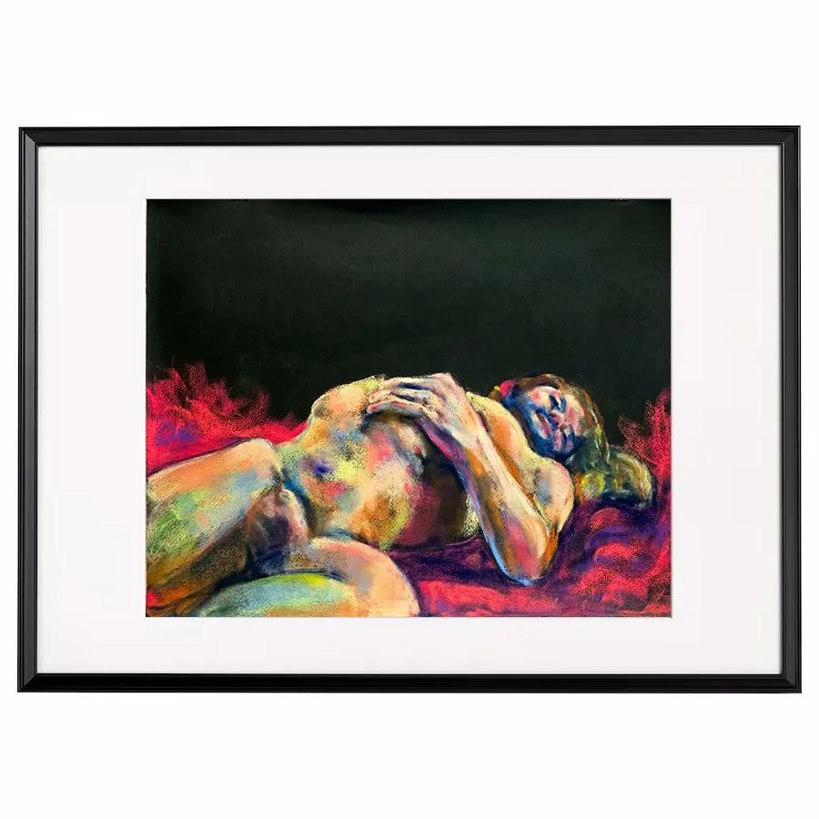 A soft pastel drawing of a life model, reclining on a red velvety backdrop. 