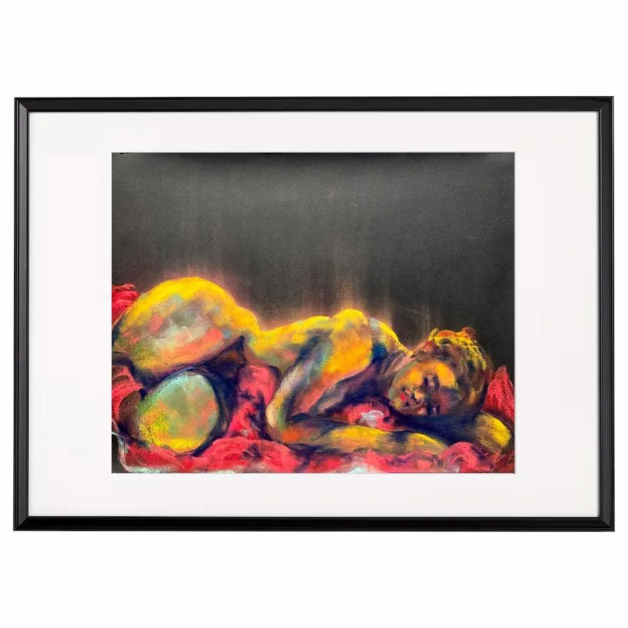 Soft Pastel of life model lying on a red firey blanket