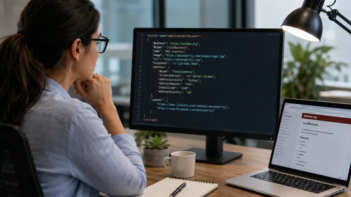 SEO specialist reviewing LocalBusiness schema markup and structured data to improve AI citations and visibility in AI search assistants.