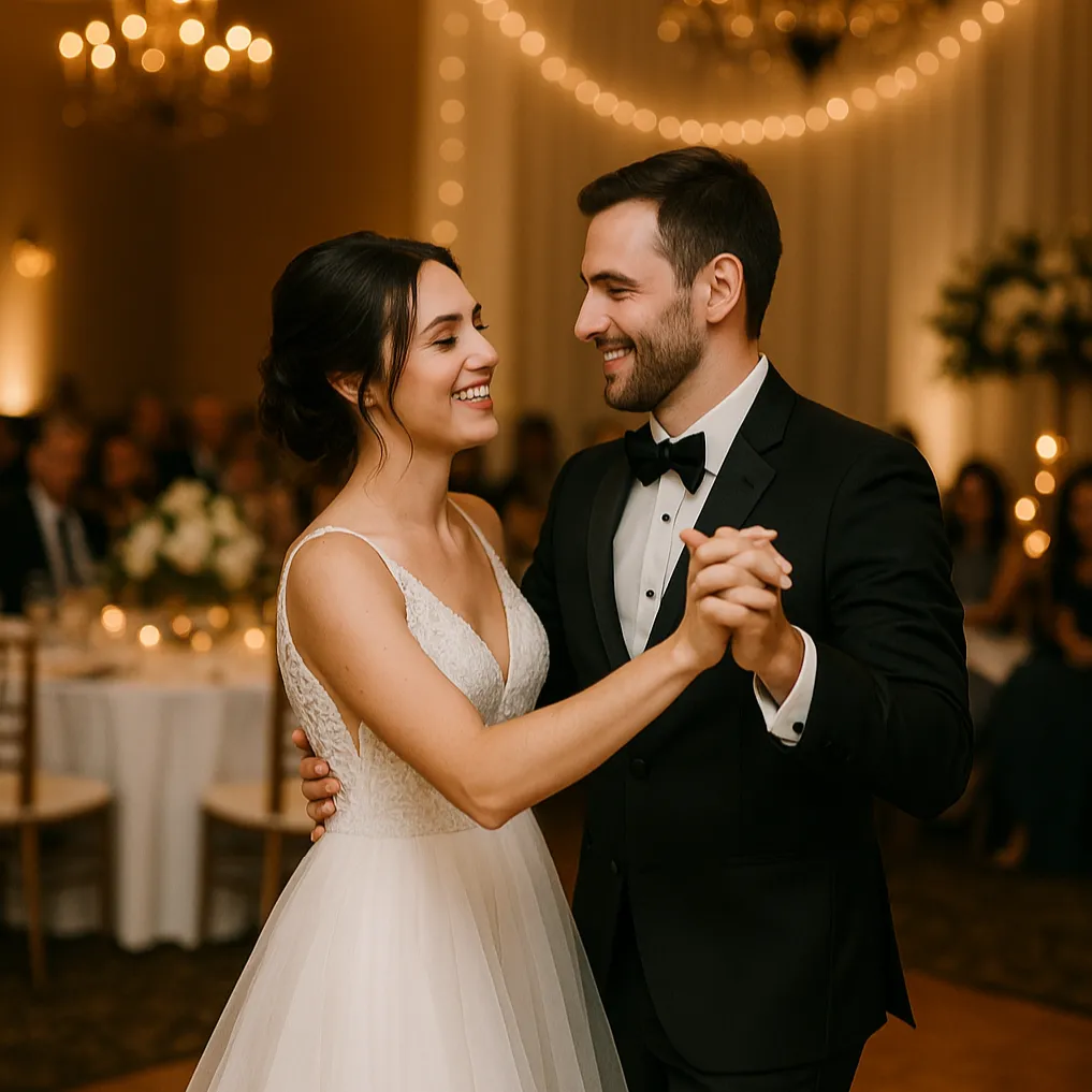 Wedding couple dancing their first dance at a reception