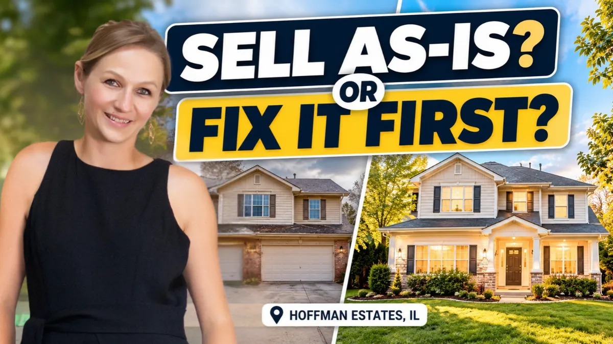 Janine Sasso, Hoffman Estates real estate agent, with homes illustrating whether to sell a Hoffman Estates home as-is or make repairs first.