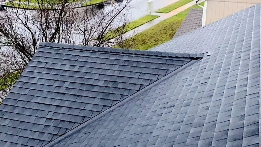 View from on the top of a newly shingled roof.