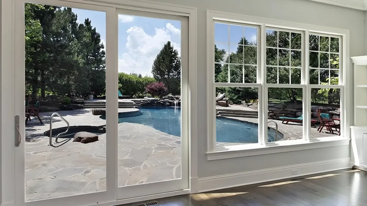 An interior view in a house showing doors and windows.