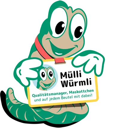 Mülli Würmli – Maskottchen von Tantelli e.U., Qualitätsmanager auf jedem Biomüllbeutel