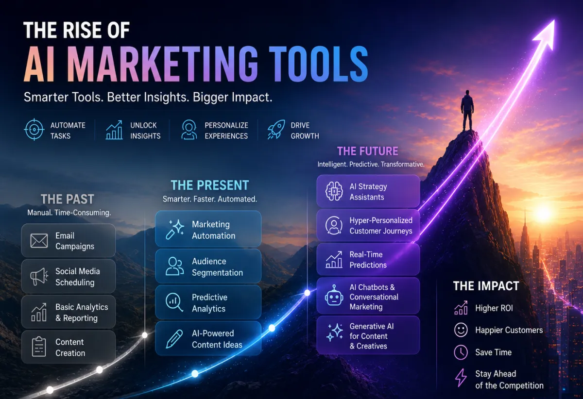Futuristic infographic showing the rise of AI marketing tools and automated growth.