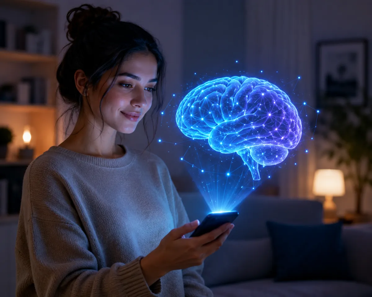 Woman holding phone projecting glowing AI brain hologram.