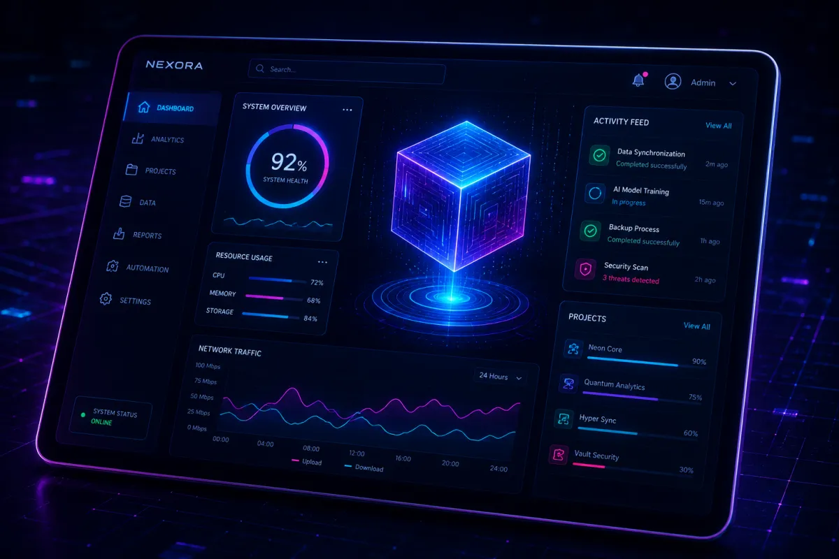 Futuristic neon tablet dashboard with glowing UI elements and a floating cube on a dark digital background.