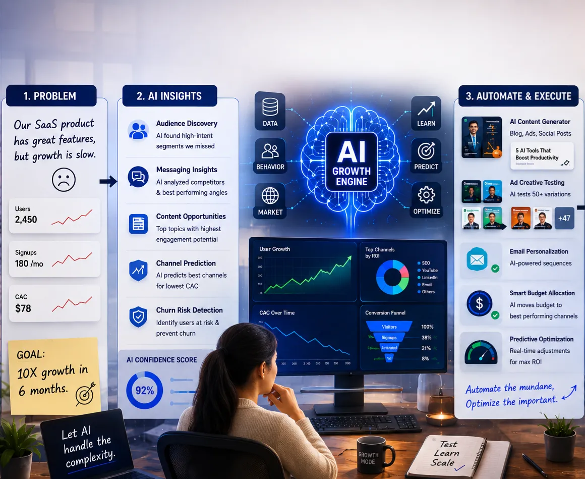 Person reviewing digital marketing charts on a laptop with futuristic AI graphics.