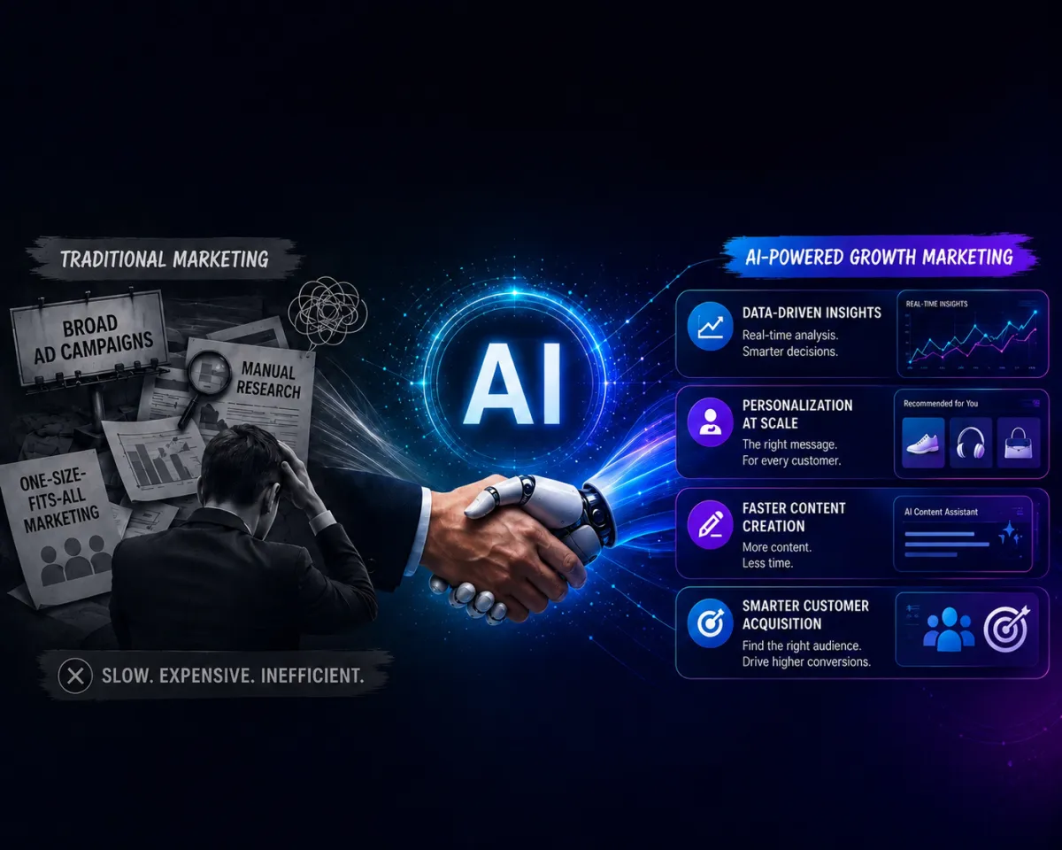 AI-powered growth marketing vs. traditional marketing with human-AI collaboration.