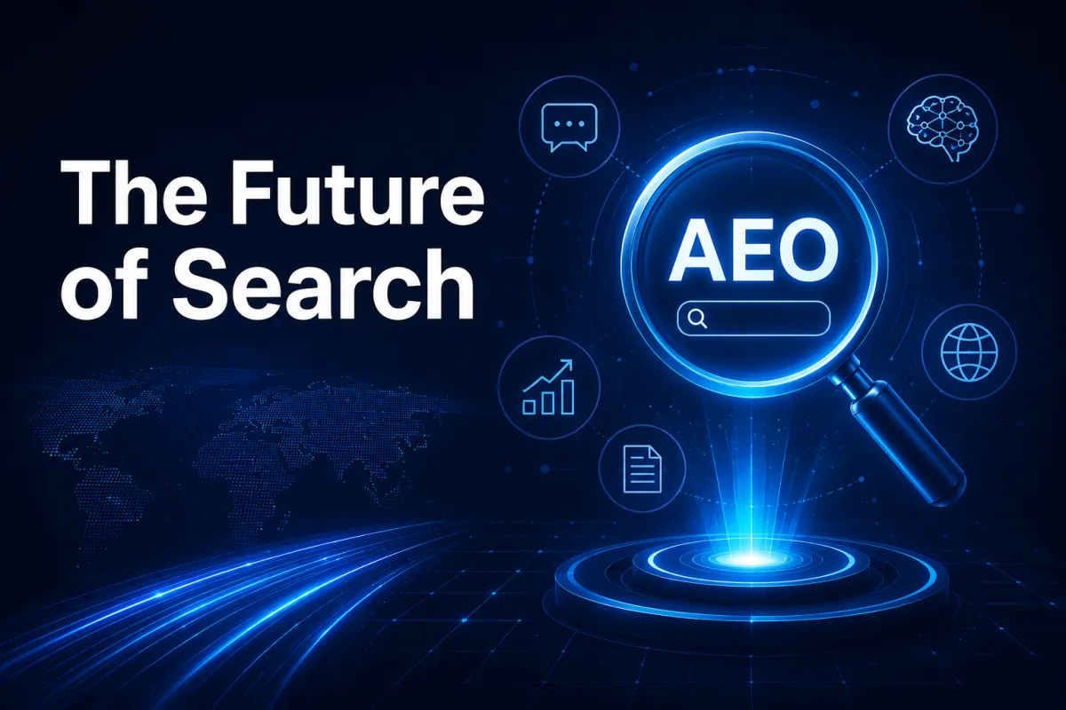 Futuristic AEO search concept with magnifying glass, AI icons, and “The Future of Search” text.