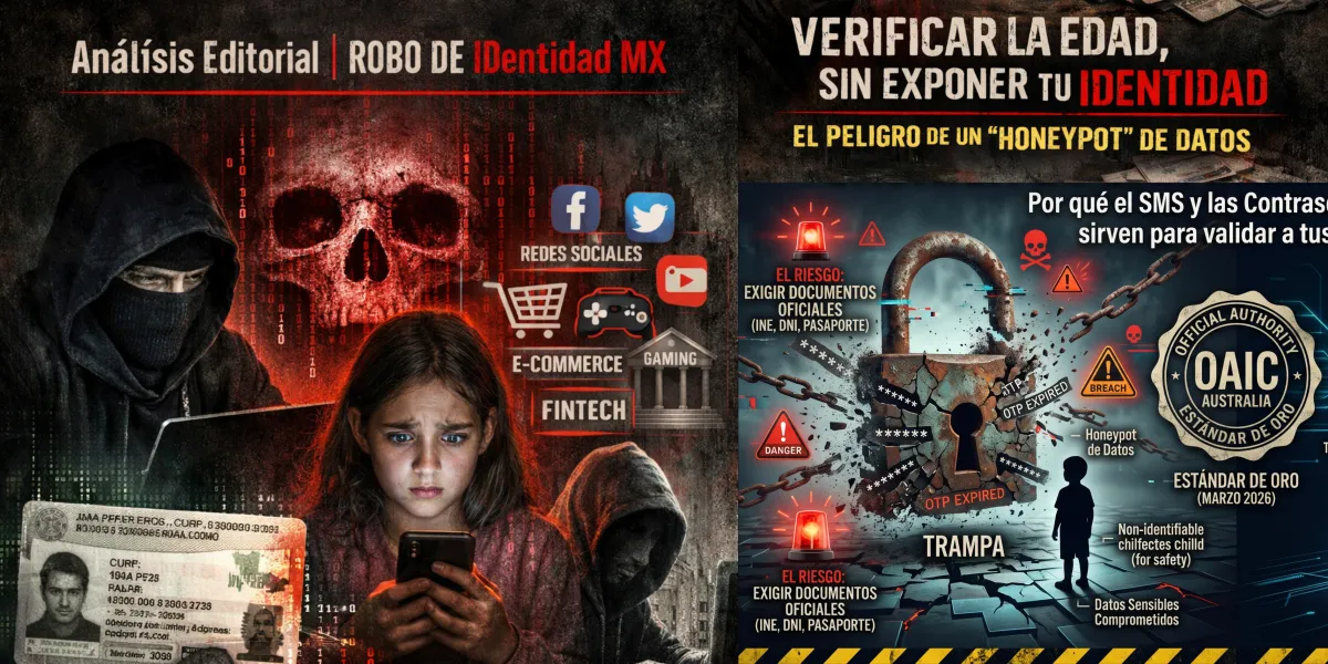 Infografía que contrasta el riesgo de exigir documentos oficiales para verificar la edad frente a la solución segura de arquitectura Zero Trust y tokens de edad.